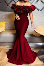 Purplish Red Fashion Sexy Solid Patchwork Backless Off the Shoulder Evening Dress