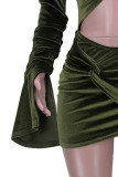 Green Sexy Solid Hollowed Out Split Joint Fold Asymmetrical O Neck Irregular Dress Dresses
