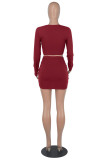 Burgundy Fashion Sexy Solid Asymmetrical Square Collar Long Sleeve Two Pieces