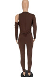 Coffee Sexy Solid Hollowed Out Patchwork Asymmetrical O Neck Regular Jumpsuits