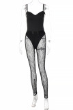 Black Fashion Sexy Patchwork See-through Backless Spaghetti Strap Sleeveless Two Pieces
