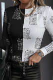 Black White Casual Print Patchwork O Neck Tops