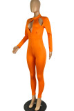Red Sexy Solid Hollowed Out Patchwork O Neck Regular Jumpsuits