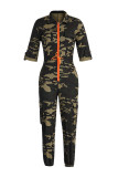 Camouflage Fashion Casual Camouflage Print Bandage Zipper Collar Regular Jumpsuits