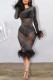 Black Sexy Solid Patchwork See-through Feathers Beading Hot Drill O Neck One Step Skirt Dresses