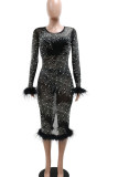 Black Sexy Solid Patchwork See-through Feathers Beading Hot Drill O Neck One Step Skirt Dresses