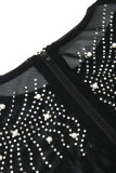 Black Sexy Solid Patchwork See-through Feathers Beading Hot Drill O Neck One Step Skirt Dresses