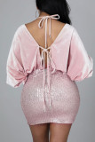 Pink Sexy Solid Bandage Sequins Split Joint V Neck One Step Skirt Dresses