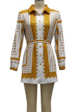 Yellow Fashion Casual Print With Belt Turndown Collar Long Sleeve Shirt Dress