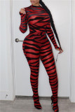 Red Fashion Sexy Print See-through O Neck Skinny Jumpsuits