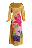 Yellow Fashion Casual Print Basic O Neck Long Sleeve Dresses