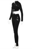 Black Sexy Casual Solid Hollowed Out Turtleneck Two Pieces