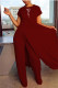 Deep Red Fashion Casual Print Slit O Neck Short Sleeve Two Pieces