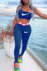 Royal Blue Fashion Casual Print Patchwork One Shoulder Sleeveless Two Pieces
