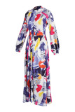 Multicolor Fashion Casual Print Basic V Neck Long Sleeve Dresses