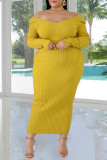 Yellow Fashion Casual Solid Basic V Neck Long Sleeve Plus Size Dresses