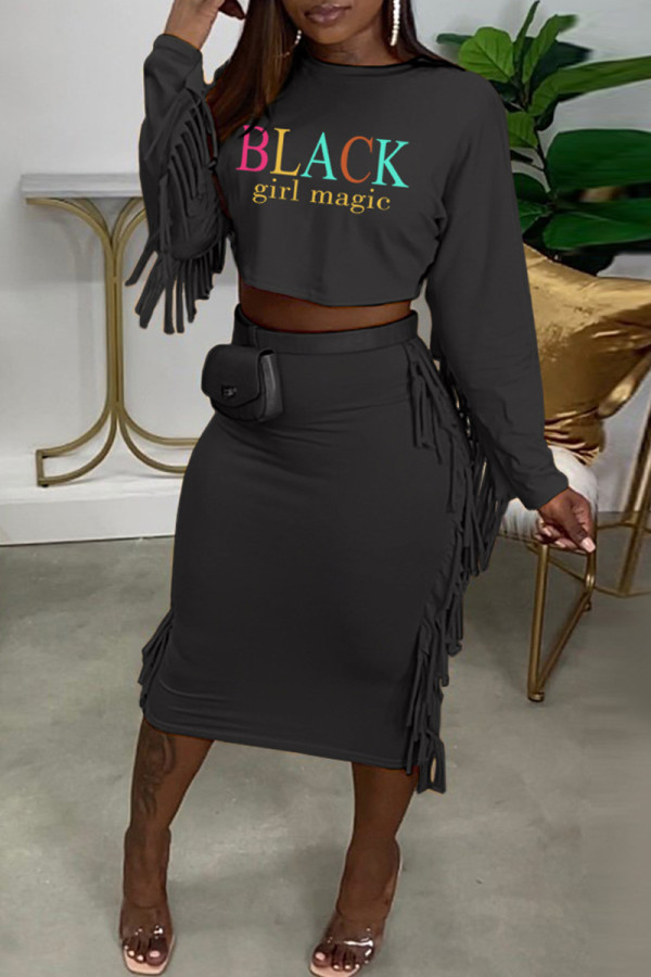 Black Fashion Casual Letter Print Tassel O Neck Long Sleeve Two Pieces