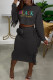 Black Fashion Casual Letter Print Tassel O Neck Long Sleeve Two Pieces