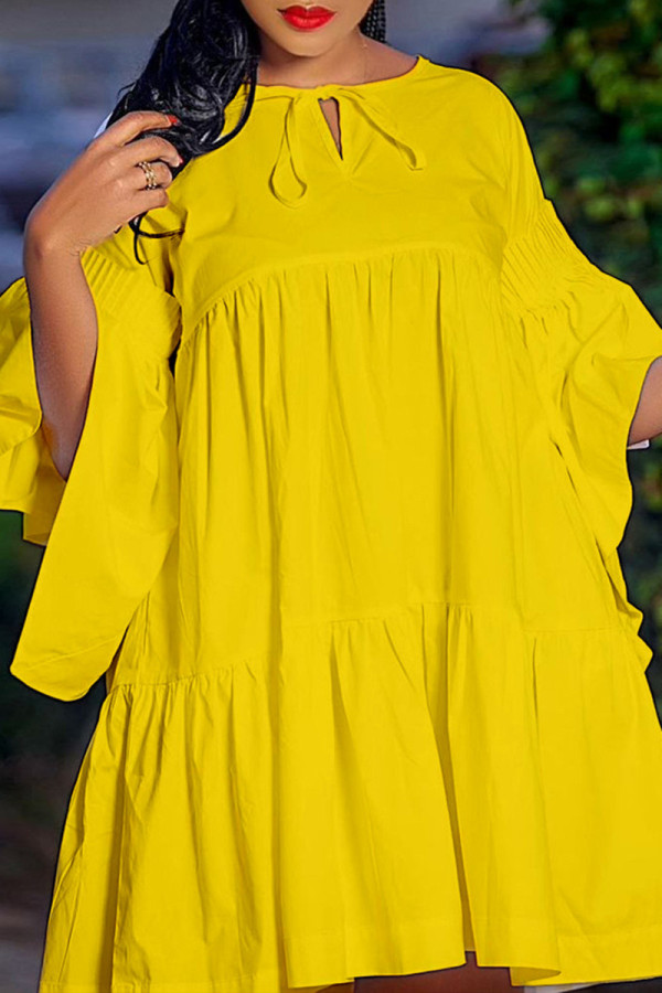 Yellow Fashion Casual Solid Basic O Neck Flared Sleeves Loose Dresses