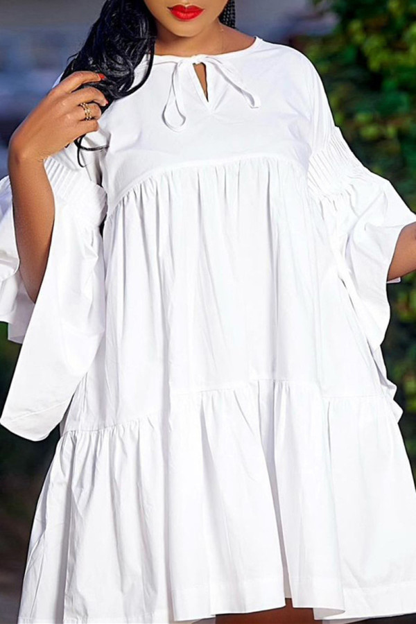 White Fashion Casual Solid Basic O Neck Flared Sleeves Loose Dresses