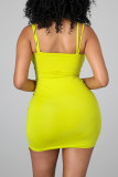 Fluorescent Yellow Sexy Solid Split Joint Frenulum Fold Spaghetti Strap Pencil Skirt Dresses