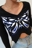 Blue Fashion Casual Butterfly Print Asymmetrical V Neck Tops