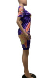 Purple Fashion Casual Lips Printed Ripped Tie-dye O Neck Plus Size Two Pieces