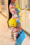 Yellow Casual Print Patchwork Turndown Collar Long Sleeve Two Pieces