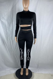 Black Sexy Print Hollowed Out Split Joint Half A Turtleneck Long Sleeve Two Pieces
