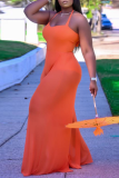Tangerine Red Sexy Solid Mesh Halter Loose Jumpsuits