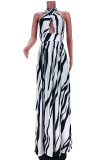 Tibetan Blue Fashion Sexy Print Hollowed Out Backless Halter Sleeveless Dress Dresses