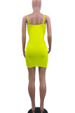 Fluorescent Yellow Sexy Solid Split Joint Frenulum Fold Spaghetti Strap Pencil Skirt Dresses