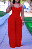 Red Sexy Solid Mesh Halter Loose Jumpsuits