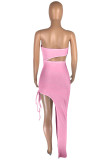 Pink Fashion Sexy Solid Hollowed Out Backless Strapless Irregular Dress