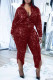 Burgundy Casual Solid Patchwork Slit Zipper Long Sleeve Two Pieces