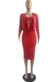 Red Casual Print Patchwork U Neck Long Sleeve Two Pieces