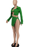 Green Sexy Solid Split Joint Buttons Asymmetrical Turndown Collar Long Sleeve Three Pieces
