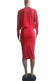 Red Casual Print Patchwork U Neck Long Sleeve Two Pieces