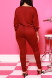 Red Fashion Casual Skull Head Print Fold O Neck Long Sleeve Two Pieces