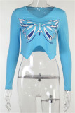Blue Fashion Casual Butterfly Print Asymmetrical V Neck Tops
