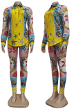 Yellow Casual Print Patchwork Turndown Collar Long Sleeve Two Pieces