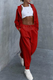 Red Fashion Casual Solid Cardigan Pants Hooded Collar Long Sleeve Two Pieces