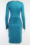 Blue Sexy Solid Split Joint Frenulum Slit Fold Asymmetrical Collar Straight Dresses