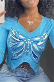 Blue Fashion Casual Butterfly Print Asymmetrical V Neck Tops
