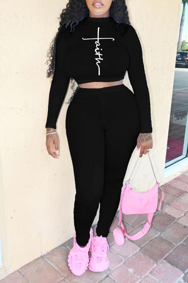 Black Casual Print Patchwork O Neck Long Sleeve Two Pieces