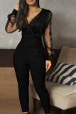 Black Sexy Solid Mesh V Neck Skinny Jumpsuits