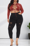 Black Sexy Casual Solid Bandage Hollowed Out O Neck Plus Size Tops