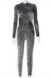 Black Fashion Sexy Print Patchwork See-through Half A Turtleneck Skinny Jumpsuits