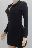Black Sexy Solid Patchwork Buttons Turndown Collar Pencil Skirt Dresses