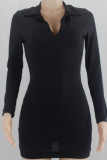 Black Sexy Solid Patchwork Buttons Turndown Collar Pencil Skirt Dresses